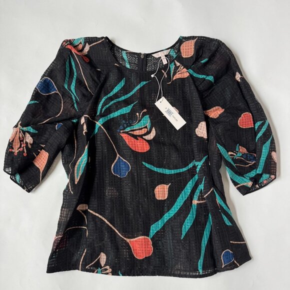 Rebecca Taylor Womens 10 Bloom Blouse 3/4 Sleeve Black Floral Sheer Print Silk - Picture 2 of 7